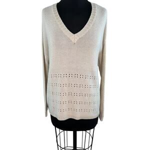 Manoukian Ivory V-Neck Relaxed Fit Long Sleeve Knit Top Sweater Medium Large M/L